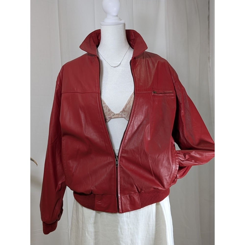 Jubian Tokyo TFC Genuine‎ Red Leather Bomber Jacket Size L Men Women 90s vibe - Picture 3 of 13